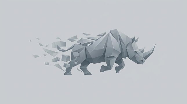 Low poly gray rhinoceros breaking into geometric fragments