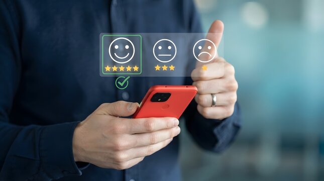 Customer feedback technology mobile app review system with star ratings and satisfaction icons
