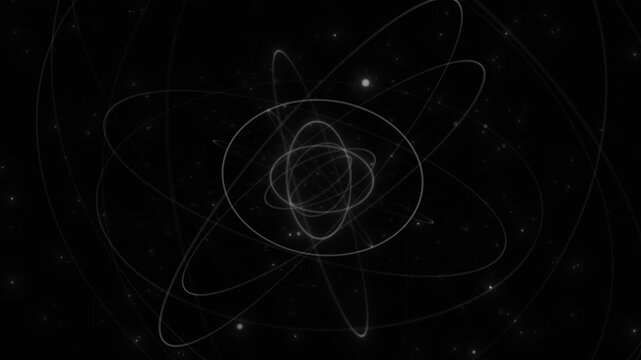 Monochrome science orbit visual with black space, atom rings, star particles, and clean physics motion. Perfect for education videos, research titles, laboratory screens, and overlays.
