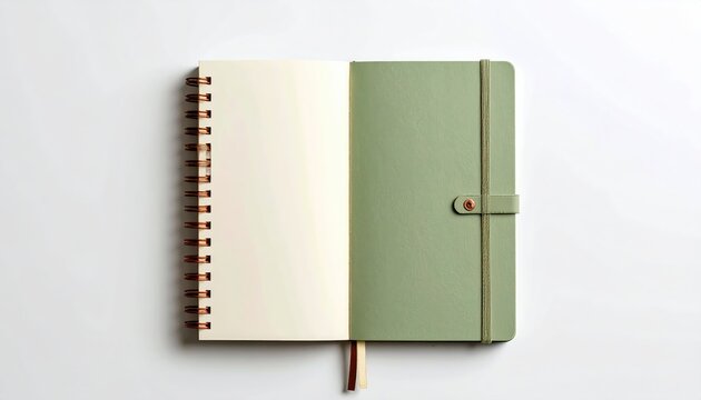 Open notebook with cream pages on left, sage green cover on right