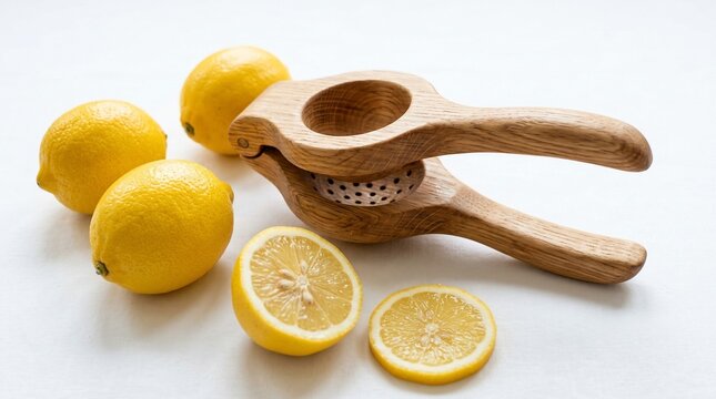 wooden lemon squeezer with fresh lemons on white background