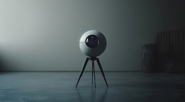 spherical camera on a three-legged tripod in an empty dim studio, minimalist futuristic device conveying solitude and quiet tension