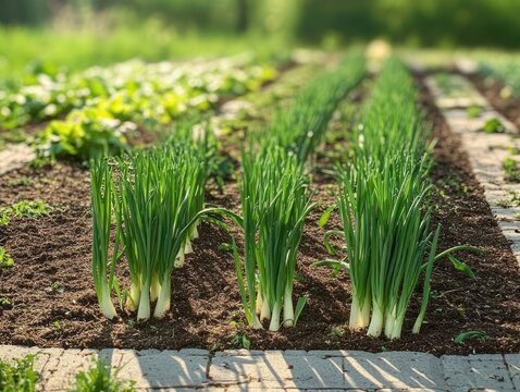 rows of healthy green onion clusters in a sunlit vegetable garden bed with neat soil and stone edging, peaceful fresh spring growth