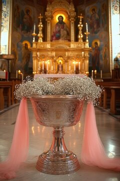 Silver ornate baptismal font decorated with baby's breath and pink tulle in front of golden altar and icon paintings, warm reverent church interior