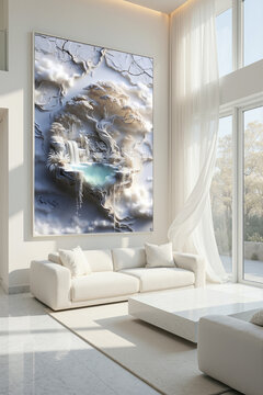 Large artwork of a waterfall displayed in a modern living room with natural light

