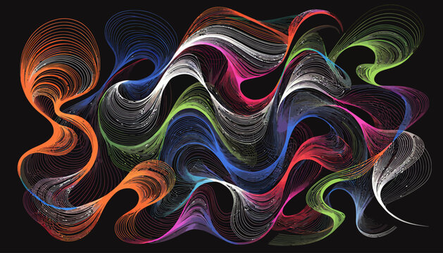 Abstract colorful swirling lines with textured effect on black background