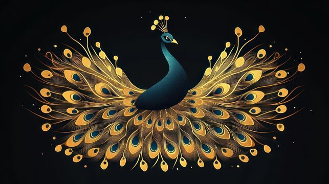 Majestic teal and gold peacock with fully fanned ornate tail feathers and crest on a dark background, elegant and regal display