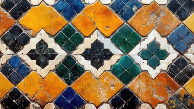 worn colorful geometric ceramic tile mosaic with yellow, orange, blue, green and black quatrefoil and diamond motifs, weathered textured surface evoking warm nostalgic charm