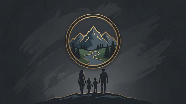 Family silhouette with mountain circular emblem background.