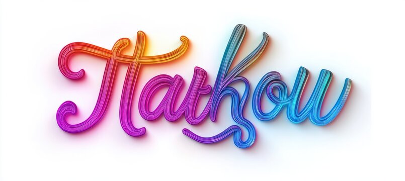 colorful glossy 3d ribbon cursive word in pink orange and blue on white background, playful joyful decorative lettering with soft shadow