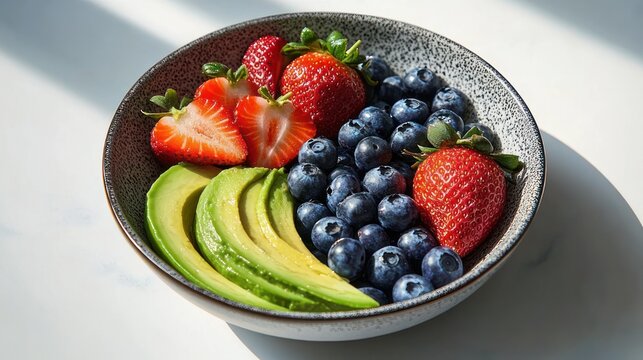 Fresh vibrant breakfast bowl with sliced avocado, ripe strawberries, and plump blueberries in a ceramic bowl bathed in sunlight, bright healthy mood
