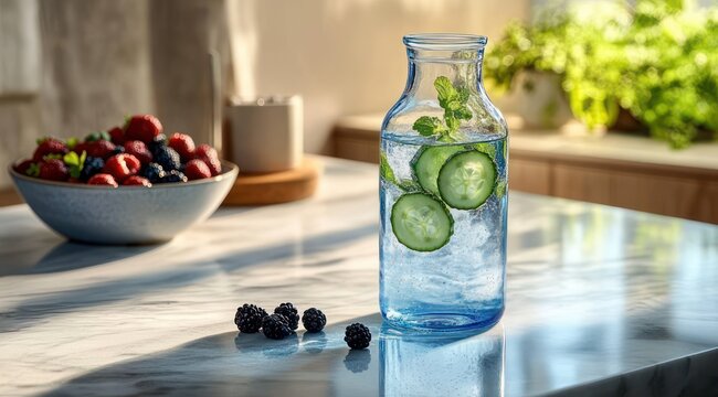 Glass carafe of cucumber and mint infused water on sunlit marble countertop with scattered blackberries and a bowl of mixed berries in a bright kitchen, refreshing and serene