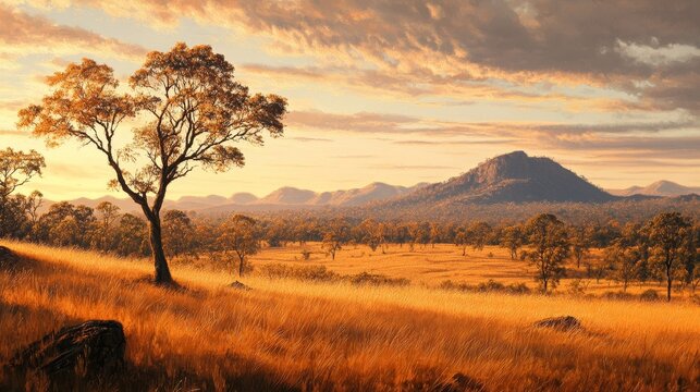 Peaceful savanna landscape at sunset with a lone tree and distant mountains casting long shadows
