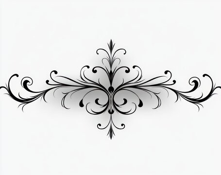 Symmetrical black ornamental flourish with swirling leaves, curlicues and elegant filigree on white background conveying a graceful, sophisticated decorative motif