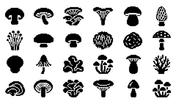 Pixel perfect mushroom icon vector set 32x32 black glyph fungi symbols isolated on white background