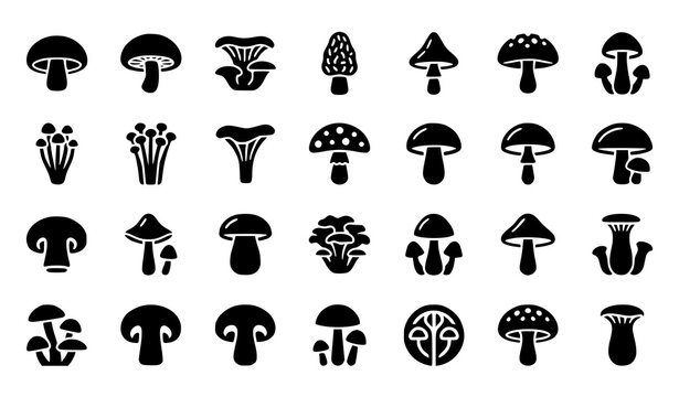 32x32 pixel perfect mushroom icon collection with black fungi glyph vector symbols isolated on white background