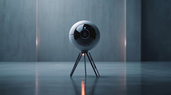glossy spherical robotic camera with three slender tripod legs standing alone on a reflective floor in a minimal concrete room, emitting a quiet futuristic and mysterious mood