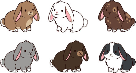 Cute Cartoon Lop Eared Rabbit Vector Collection with White, Brown, Grey, and Spotted Fluffy Bunny Characters for Easter Greetings, Nursery Decor, and Children Graphic Designs © SM