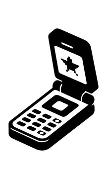Retro clamshell mobile phone with open screen showing a pixelated star graphic in a monochromatic flat design, isolated on white. Vintage technology concept