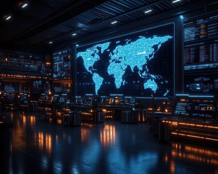 Dim futuristic command center with glowing digital world map, rows of workstations and monitors, blue and orange lighting, tense high-tech atmosphere