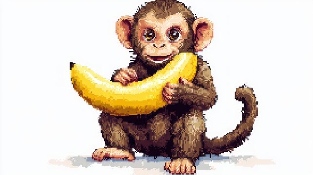 pixel art baby monkey sitting on white background holding an oversized banana, playful and joyful with a blurred face