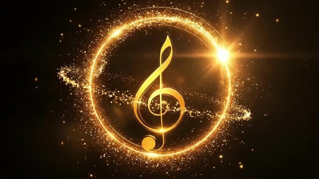 Golden musical note enveloped in glowing sparkling circle on black background