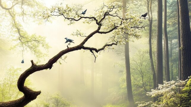 Peaceful spring morning in a temperate forest with soft mist and birds perched on branches