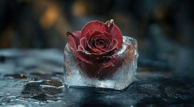 single red rose encased in a melting ice cube on a wet dark surface, glistening droplets and moody atmosphere conveying fragile melancholy