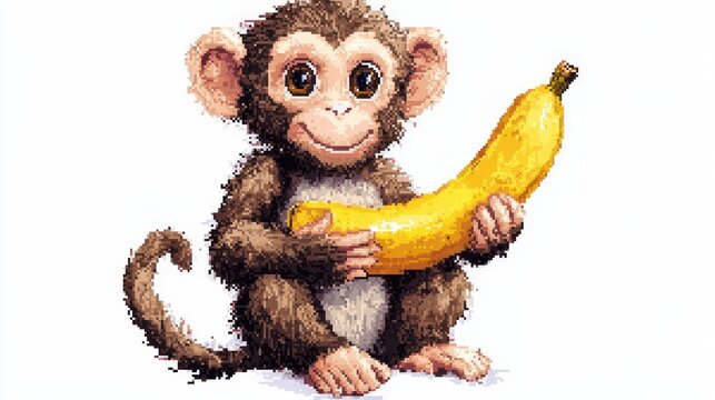 happy baby monkey sitting and smiling while holding a large banana on a white background
