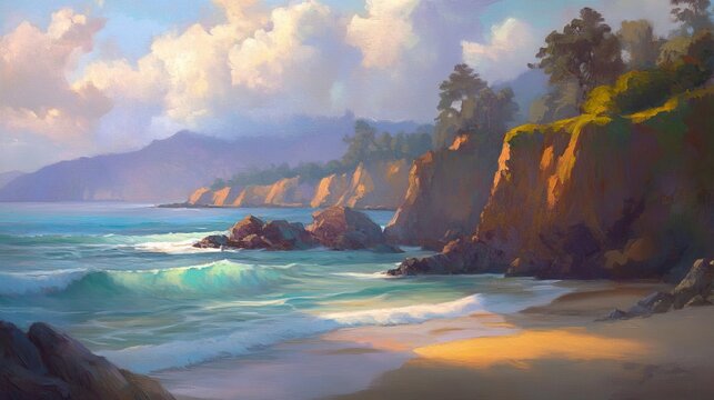 Peaceful summer afternoon at a cliffside beach with gentle waves and distant mountains under a cloudy sky