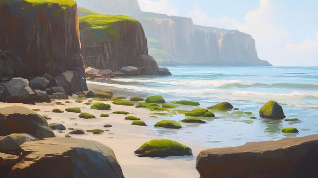 Peaceful summer afternoon at a cliffside beach with mossy rocks and gentle ocean waves under a clear sky