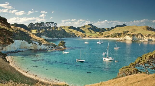 Peaceful summer bay surrounded by rolling green hills and sailboats anchored in clear turquoise water