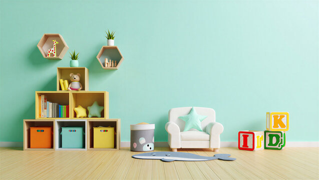Colorful modern playroom for kids with storage cubes and armchair playroom children interior