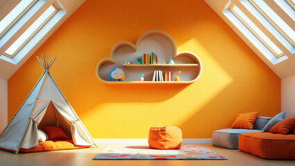 Playful attic kids playroom with cloud shelf and teepee playroom interior furniture colorful © Sadiya Digital