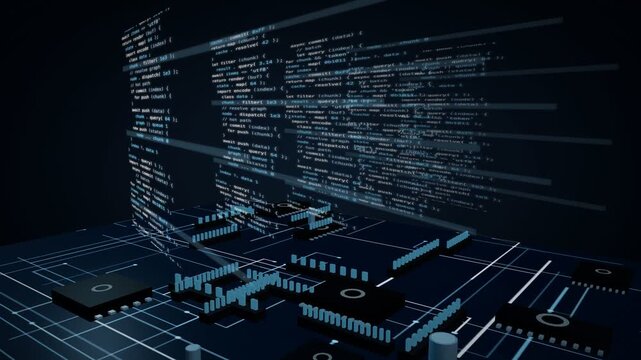 Receding stack of code planes over an ice blue circuit board data bus 3D animation seamless loop