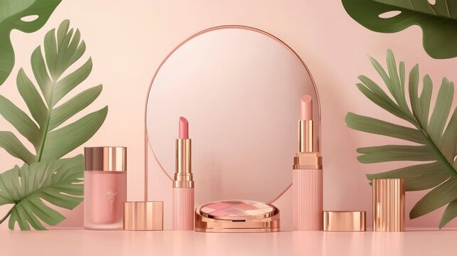 Pink cosmetic products display, tropical leaves, elegant background, makeup accessories, studio shot, for a beauty e-commerce site