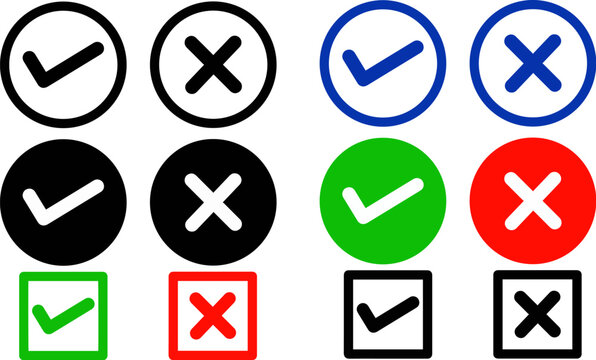 Check Mark Cross Icon Set Circle Square Checkmark Crossmark Vector Button Line Symbol True False Correct Wrong Tick Cancel Choice Option Checklist UI Element for Graphic Web App Interface