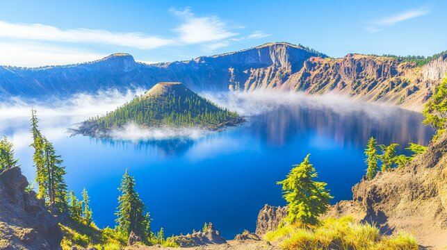 Peaceful summer morning at a crater lake surrounded by volcanic mountains and misty fog