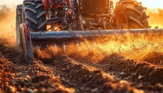 Close-up of a tractor plow turning soil at sunset with rugged tires and metal implement kicking up dust, dynamic hardworking and powerful agricultural scene