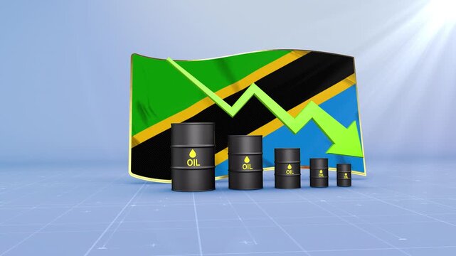 Tanzania Oil Price Falling with Oil Barrels Downward Green Arrow and 3D Financial Data Visualization Graphs for Economy and Business Concept
