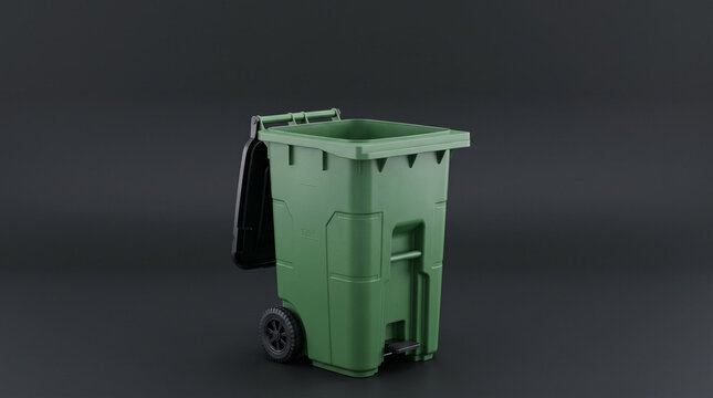 Green plastic outdoor trash bin with open lid.