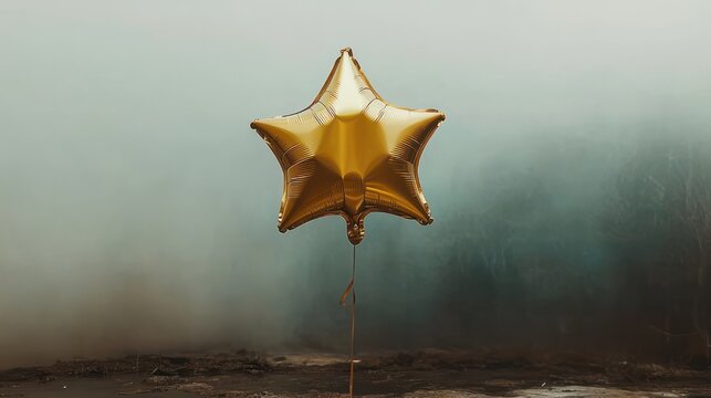 single gold star balloon tethered by a thin string above barren ground in a foggy muted landscape, evoking solitude and quiet hope