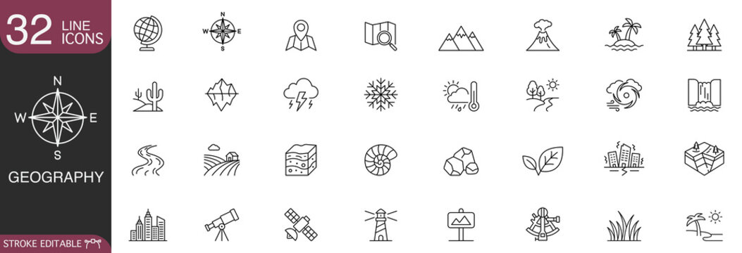 Geography and earth science line icon vector set featuring nature landscapes, weather elements, and topography concepts with editable stroke.