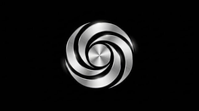 Metallic silver spiral vortex logo on black