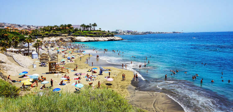 Coastal view of El Duque beach in Costa Adeje, Tenerife, Canary Islands, Spain. Travel or vacation concept.