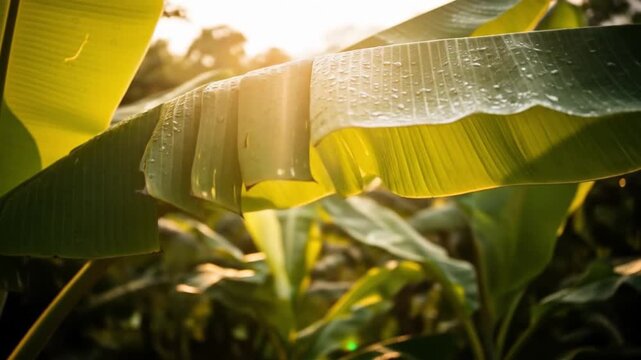 Closeup of vibrant banana leaves sunlight streaming through some with water droplets