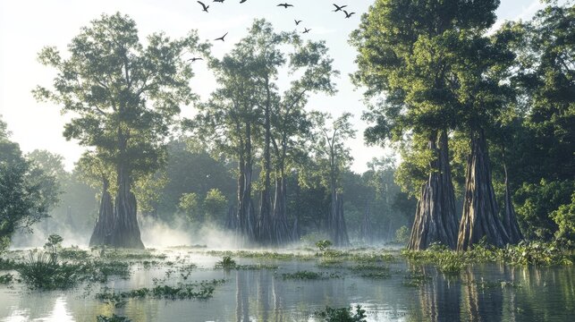 Peaceful summer morning mist rises over a tranquil swamp ecosystem with cypress trees and birds flying overhead