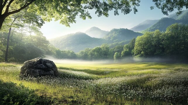 Peaceful summer morning on a highland plateau with fresh vegetation and rolling hills shrouded in mist