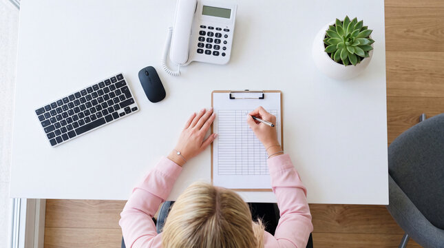 Medical assistant answering phone while working on computer at reception in clinic