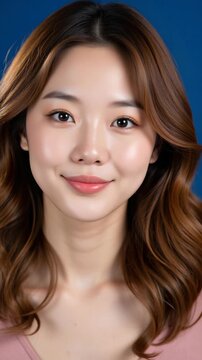 Beautiful young Asian woman with red lipstick looking away from the camera with a slight smile on her face. She has light makeup and styled hair. She wears a pink top.